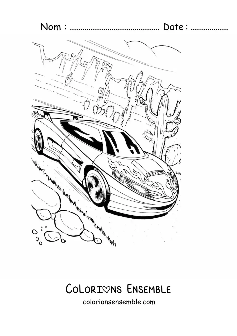 Image à colorier d’une voiture de course à toute vitesse dans un désert