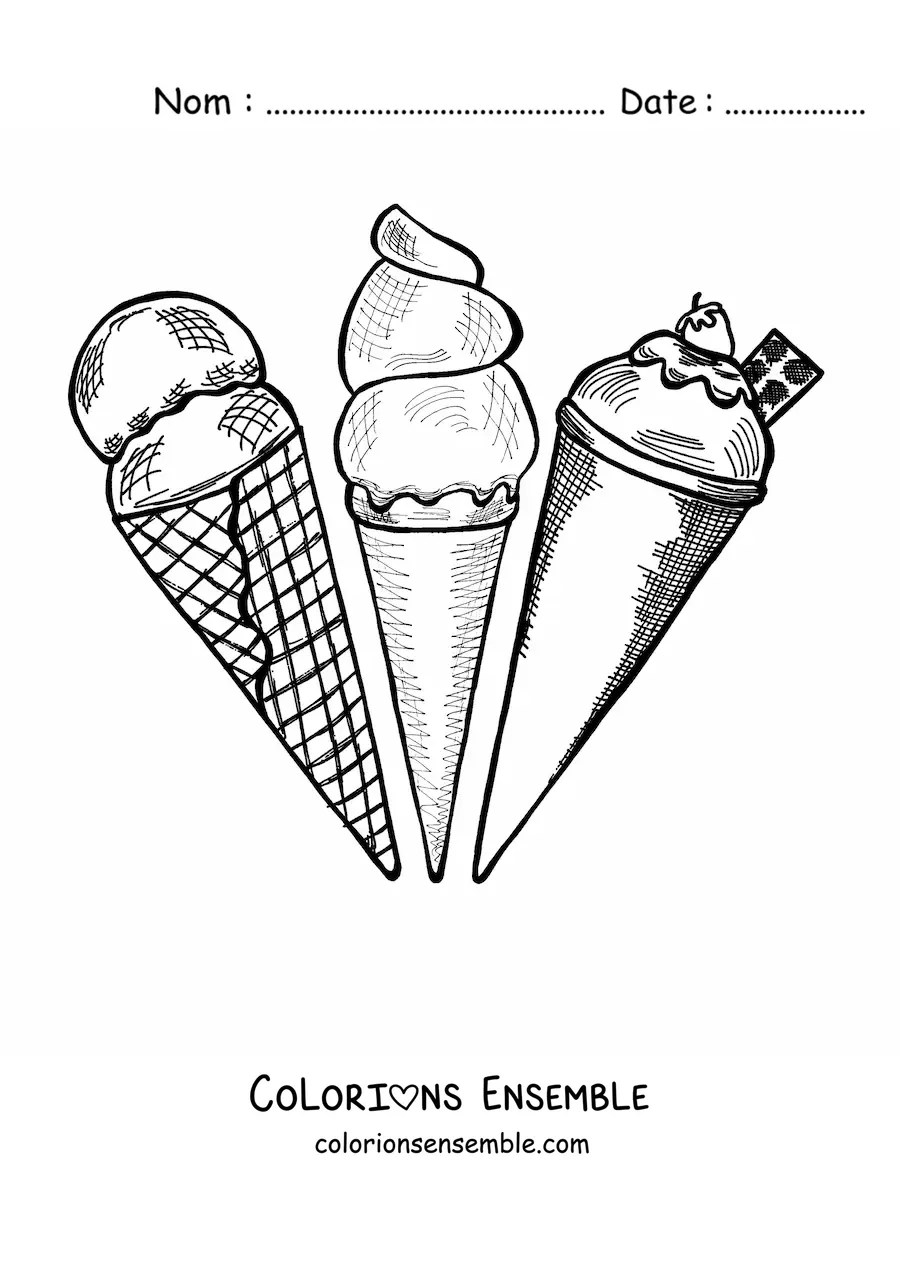 Image à colorier de trois cornets de glace de différents parfums