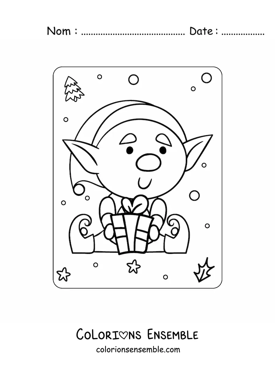 Coloriage d’un lutin de Noël animé assis avec un cadeau
