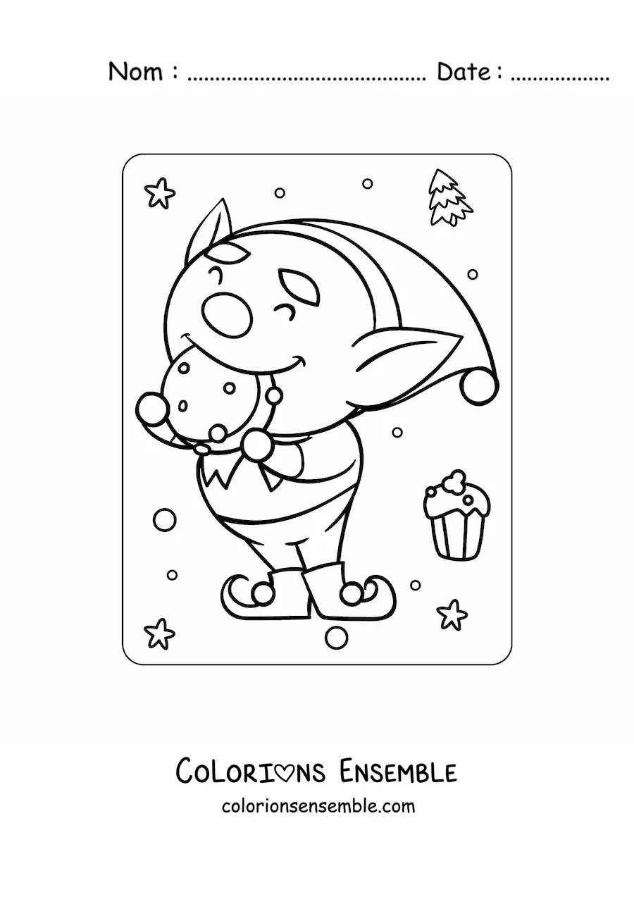 Coloriage d’un lutin de Noël animé en train de manger un biscuit