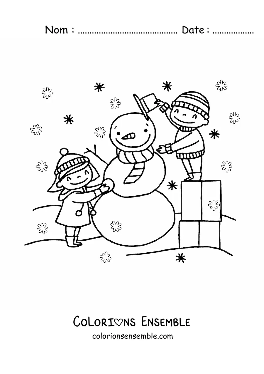 Coloriage d’enfants construisant un bonhomme de neige à Noël