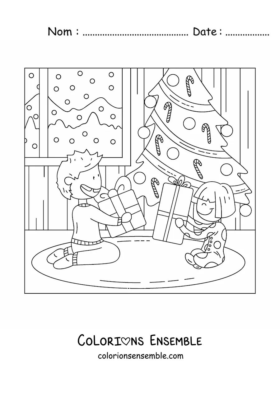 Coloriage d’enfants ouvrant des cadeaux à la maison à Noël