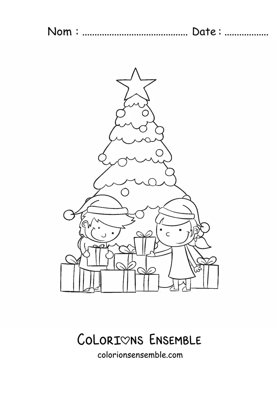 Coloriage d’enfants ouvrant des cadeaux près du sapin de Noël