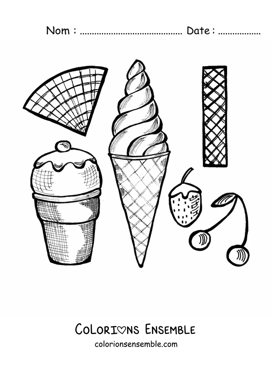 Image à colorier de deux glaces en cornet à la fraise et à la cerise