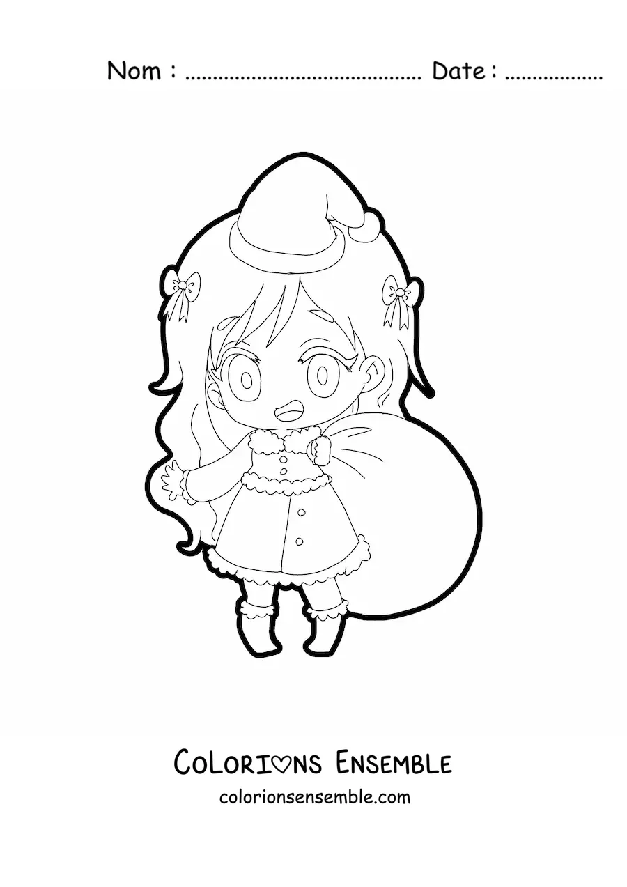 Coloriage d’une fille kawaii en tenue de Noël style anime avec un sac de cadeaux