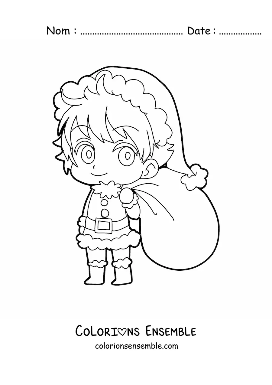 Coloriage d’un garçon kawaii en tenue de Noël style anime avec un sac de cadeaux
