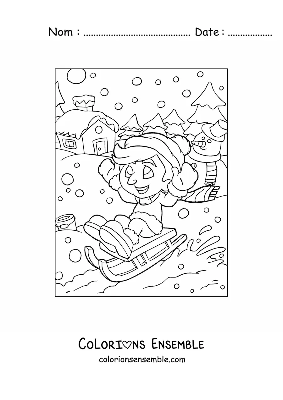 Coloriage d’un garçon glissant sur une luge à Noël