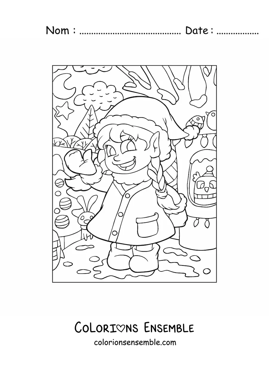 Coloriage d’une fille jouant dans la neige à Noël