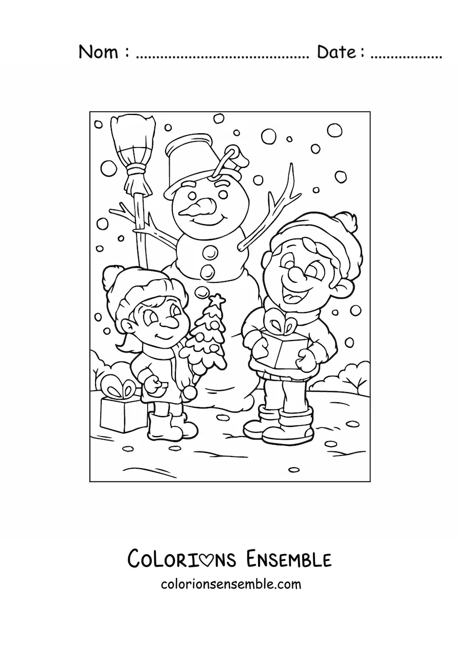 Coloriage d’enfants avec des cadeaux de Noël et un bonhomme de neige