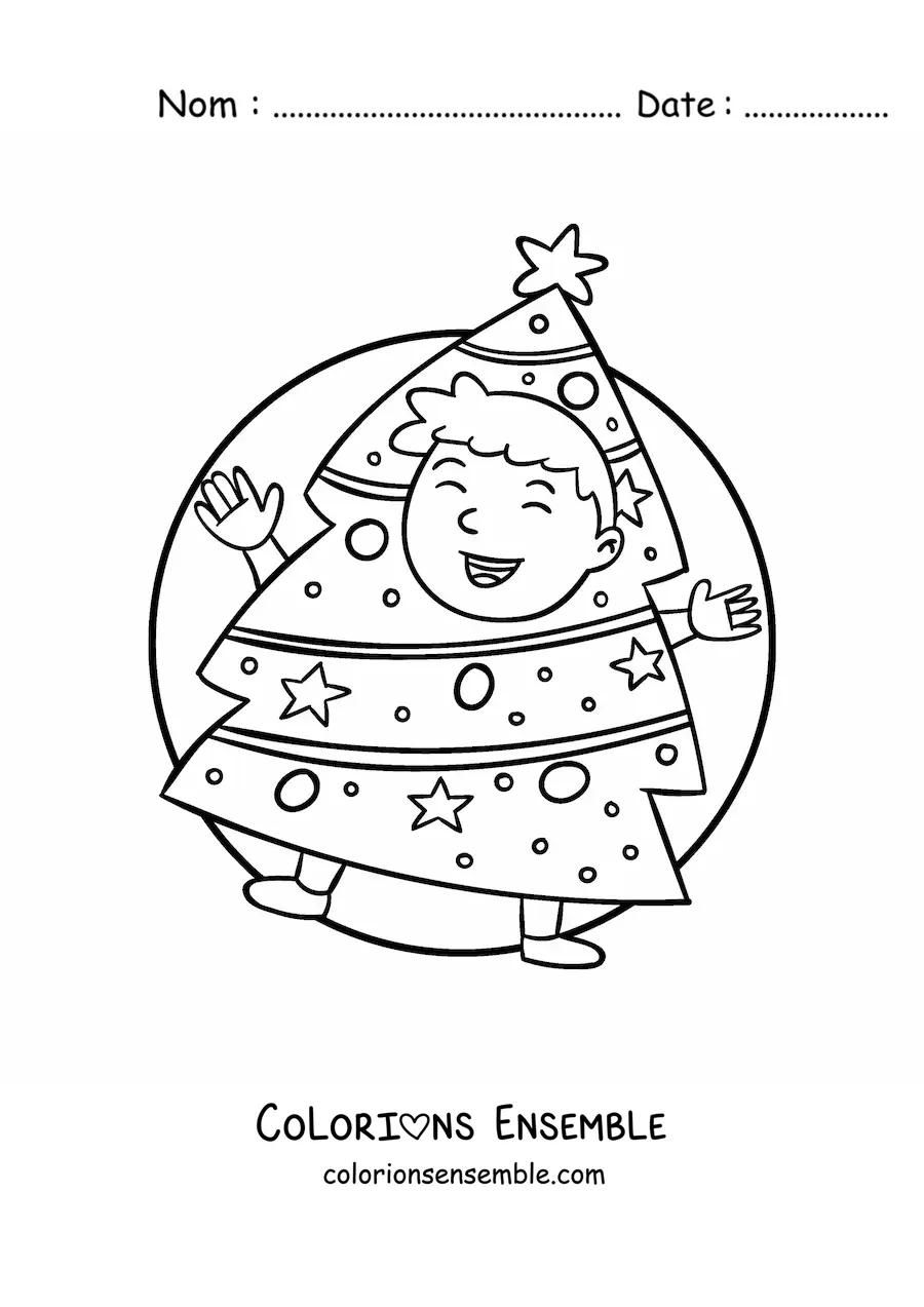 Coloriage d’un garçon déguisé en sapin de Noël