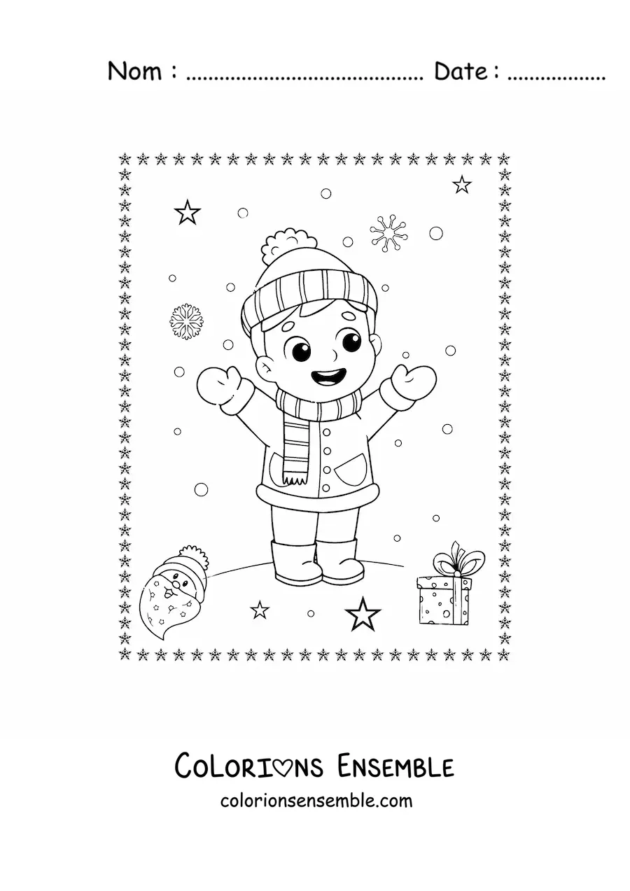 Coloriage d’un garçon jouant dans la neige à Noël