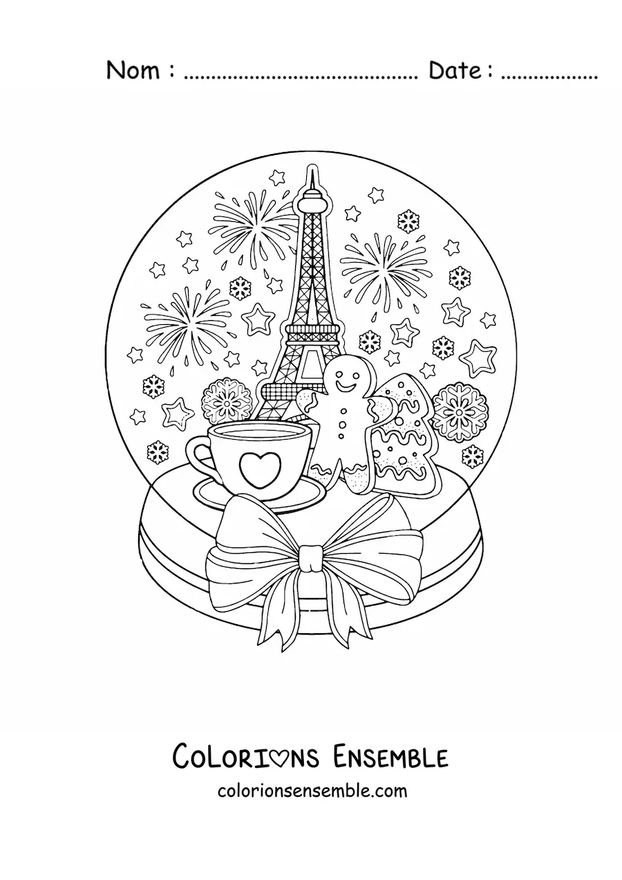 Coloriage d’une boule à neige avec un paysage de Paris