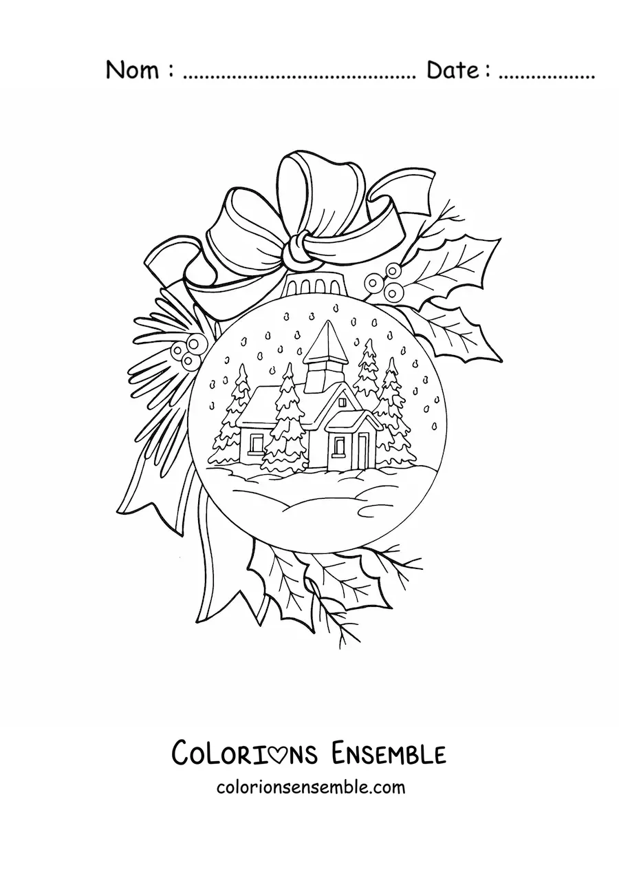 Coloriage d’une boule à neige de Noël posée sur un sapin de Noël