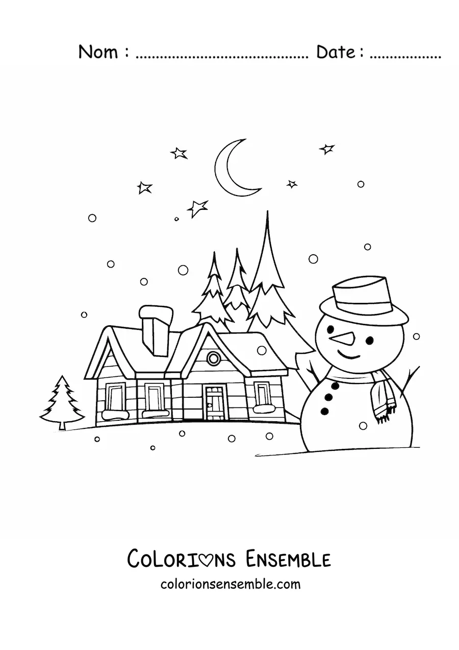 Coloriage d’un bonhomme de neige avec un paysage