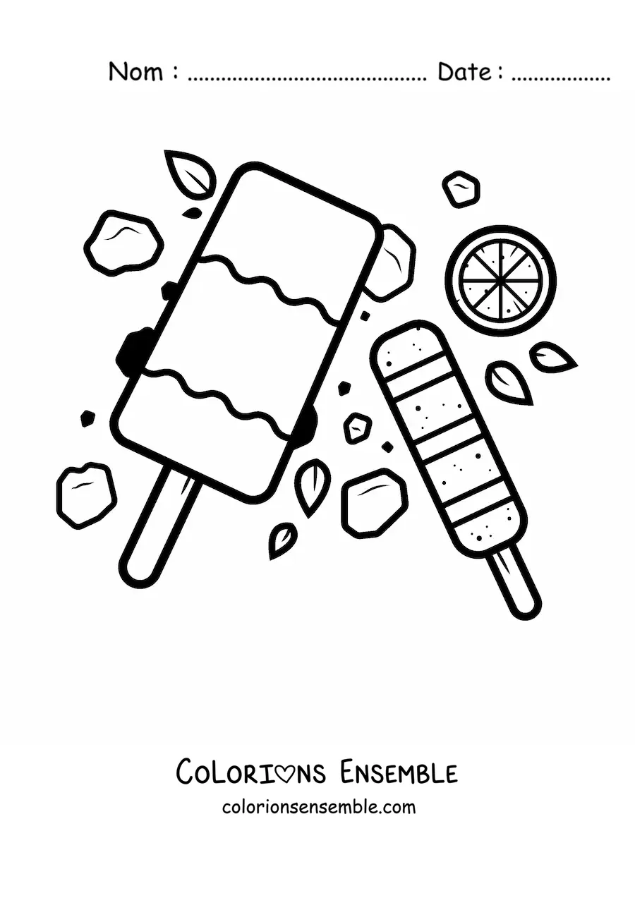 Image à colorier de deux glaces à l'eau avec une rondelle de citron