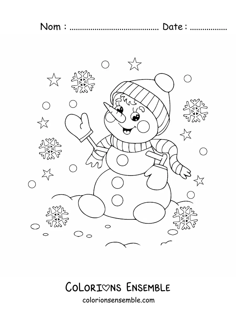 Image à colorier d’un bonhomme de neige animé avec une écharpe et des flocons de neige
