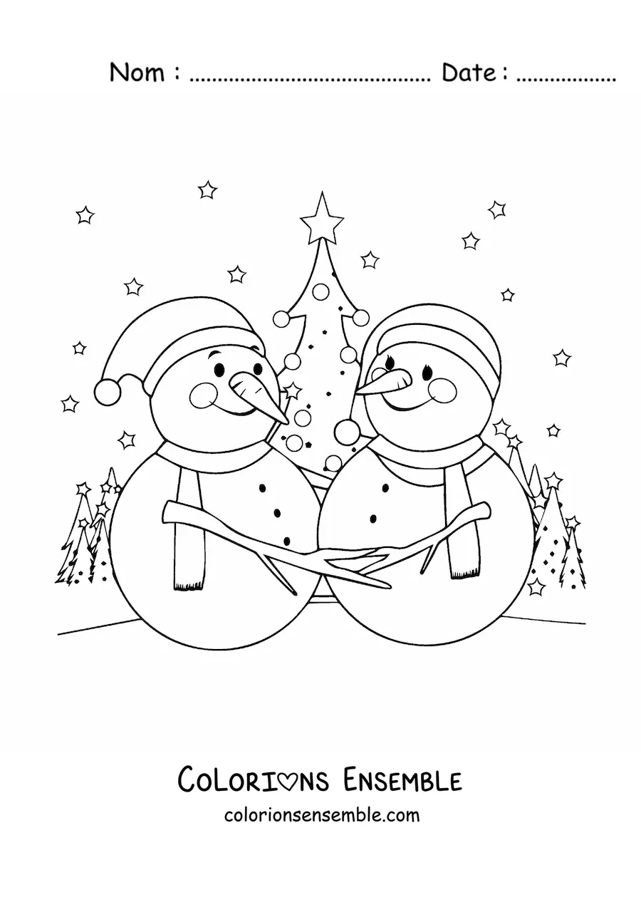 Image à colorier de deux bonshommes de neige dans un paysage