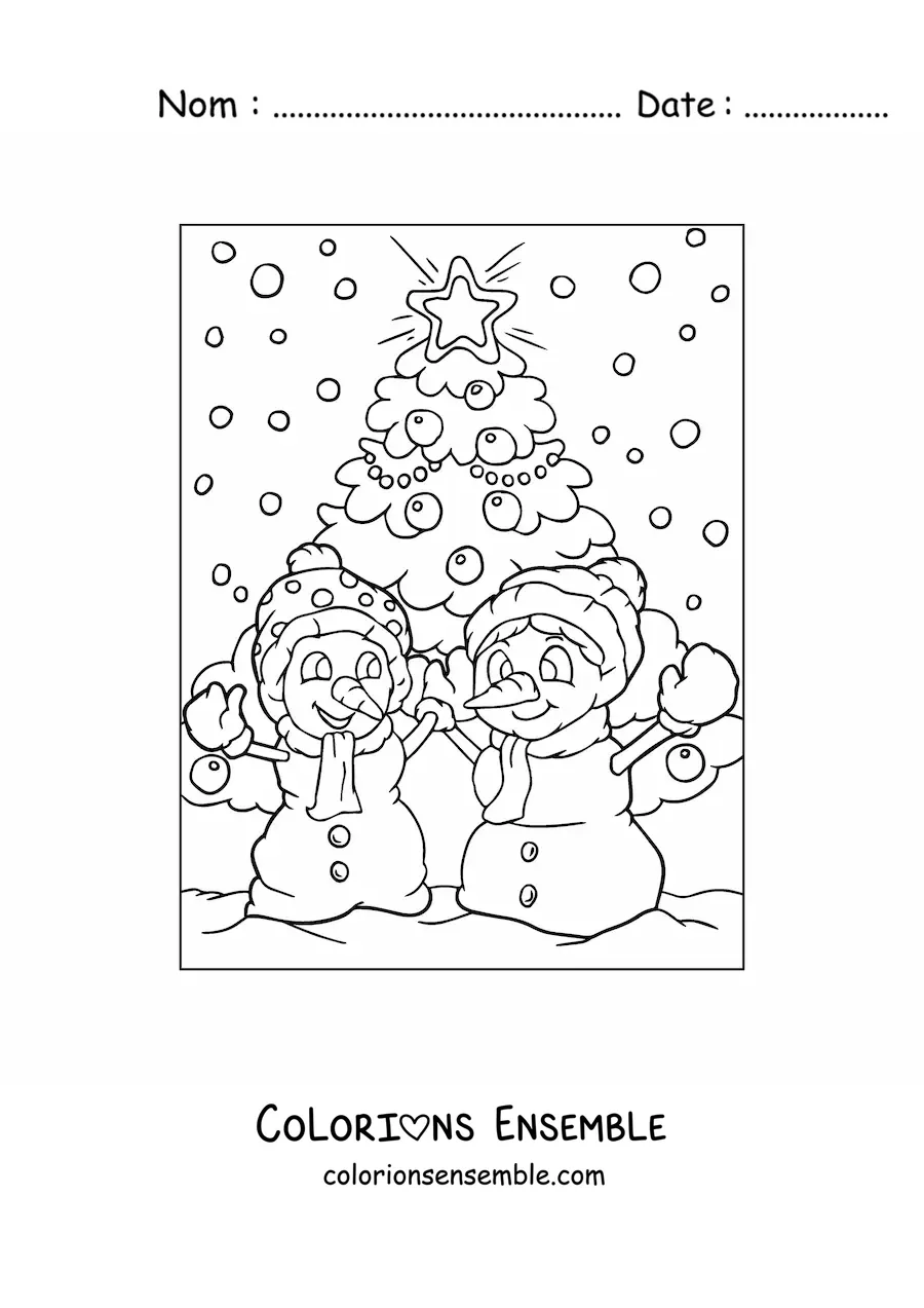 Image à colorier de deux bonshommes de neige à Noël