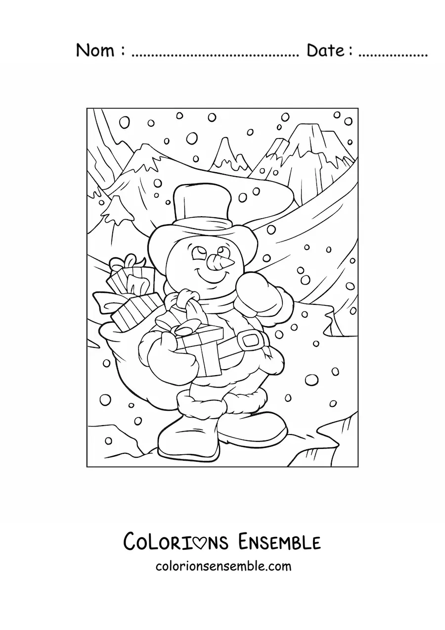 Image à colorier d’un bonhomme de neige avec des cadeaux