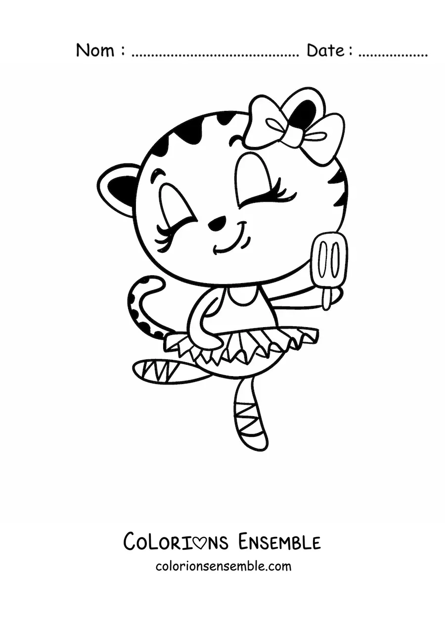 Image à colorier d'une chatte danseuse animée qui mange une glace