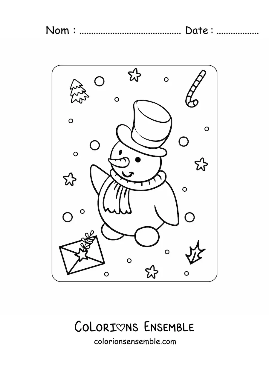 Image à colorier d’un bonhomme de neige de Noël kawaii