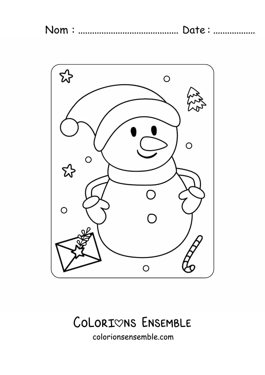 Image à colorier d’un bonhomme de neige à Noël