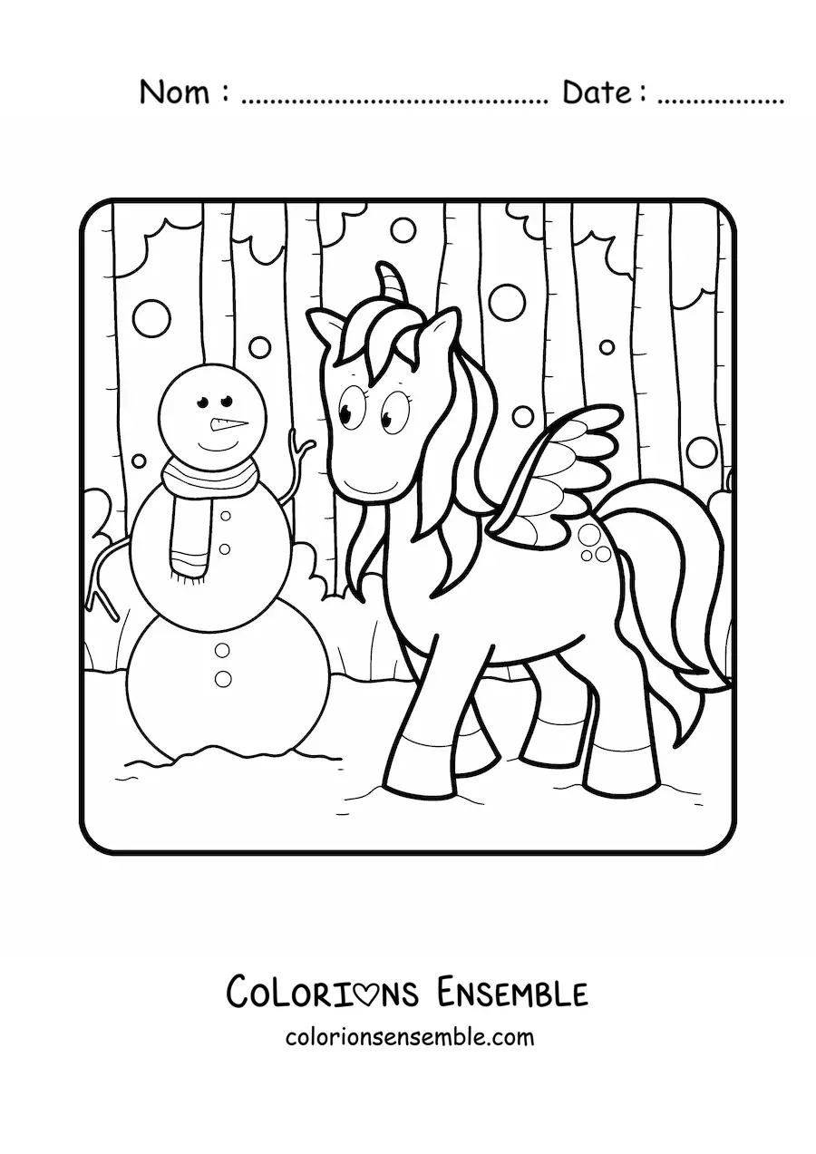 Image à colorier d’un bonhomme de neige avec une licorne
