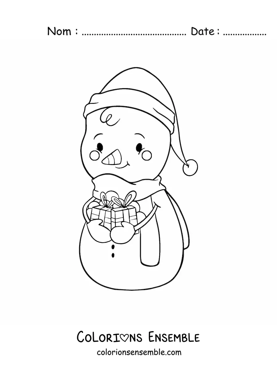 Image à colorier d’un bonhomme de neige kawaii avec des cadeaux