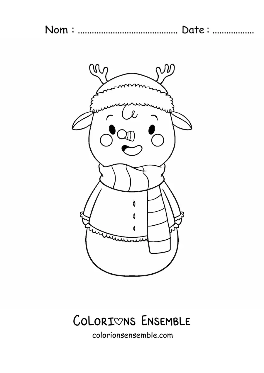 Image à colorier d’un bonhomme de neige renne kawaii avec une écharpe