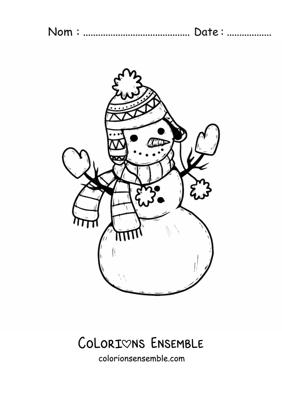 Image à colorier d’un bonhomme de neige bien emmitouflé