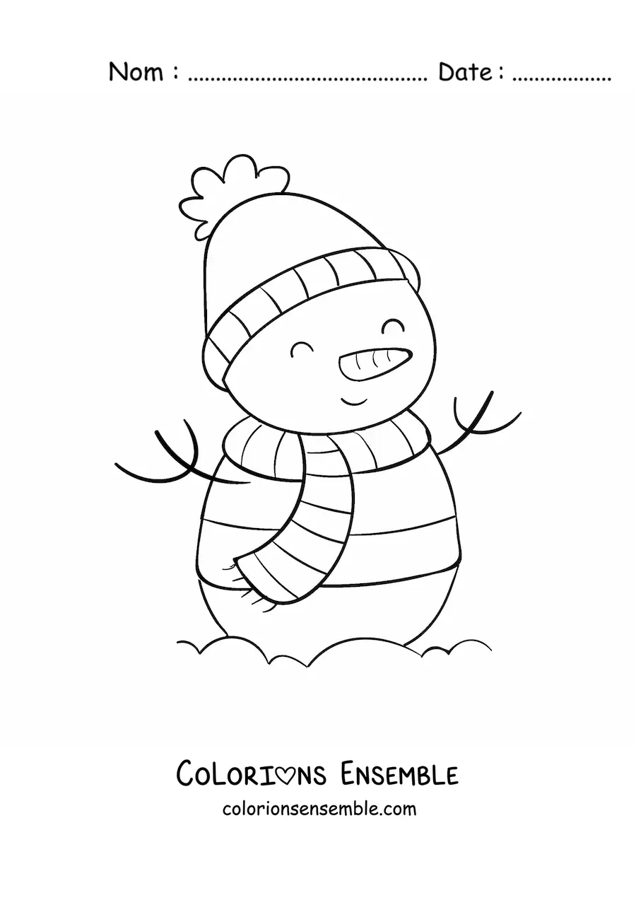 Image à colorier d’un bonhomme de neige en vêtements d’hiver