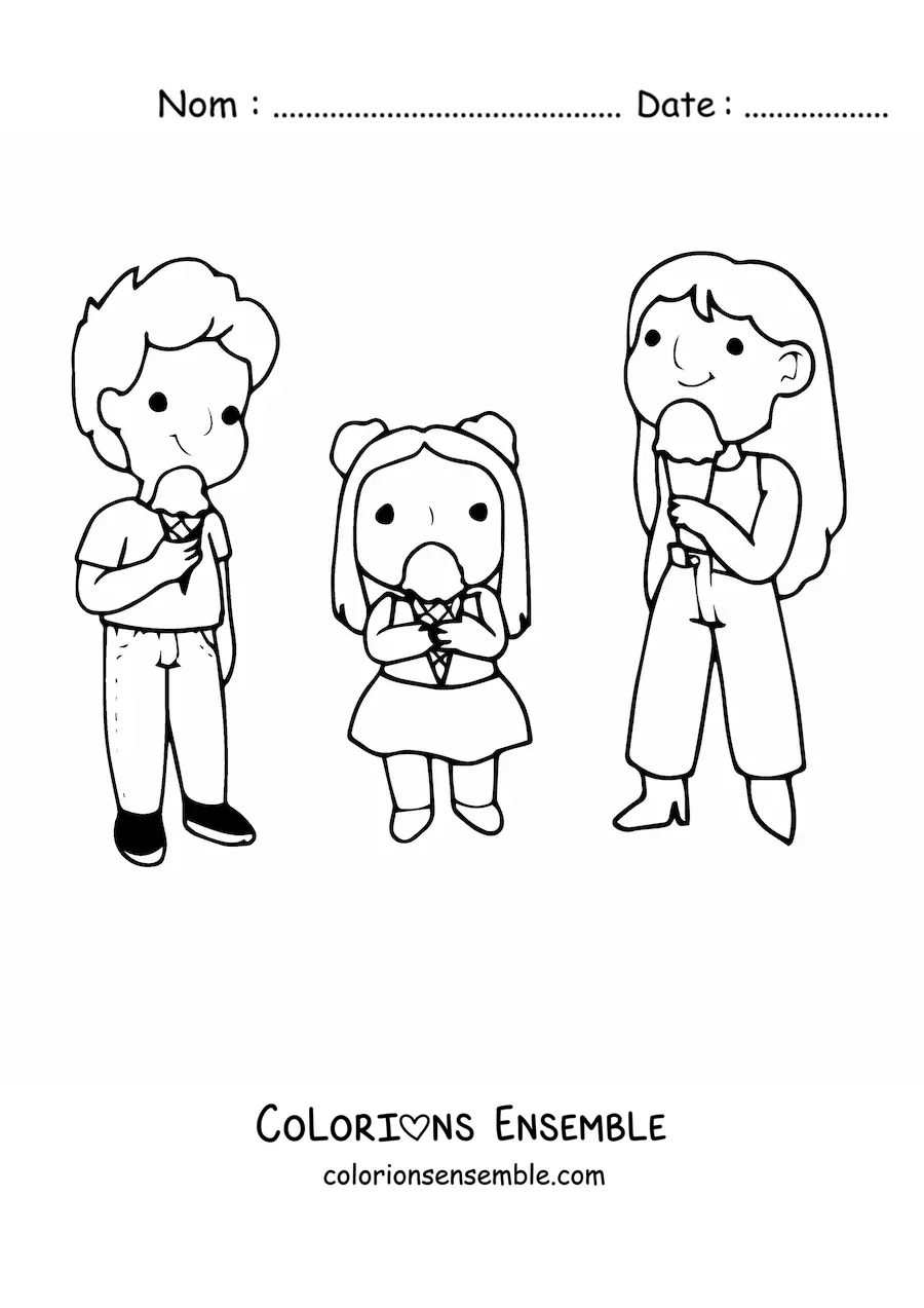 Image à colorier d'une famille qui mange des glaces