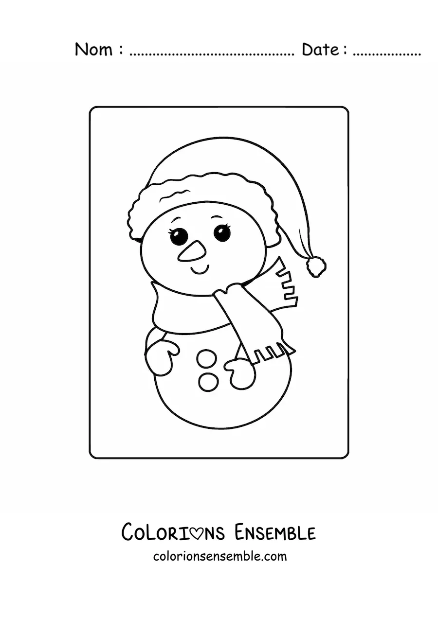 Image à colorier d’un bonhomme de neige kawaii avec un bonnet