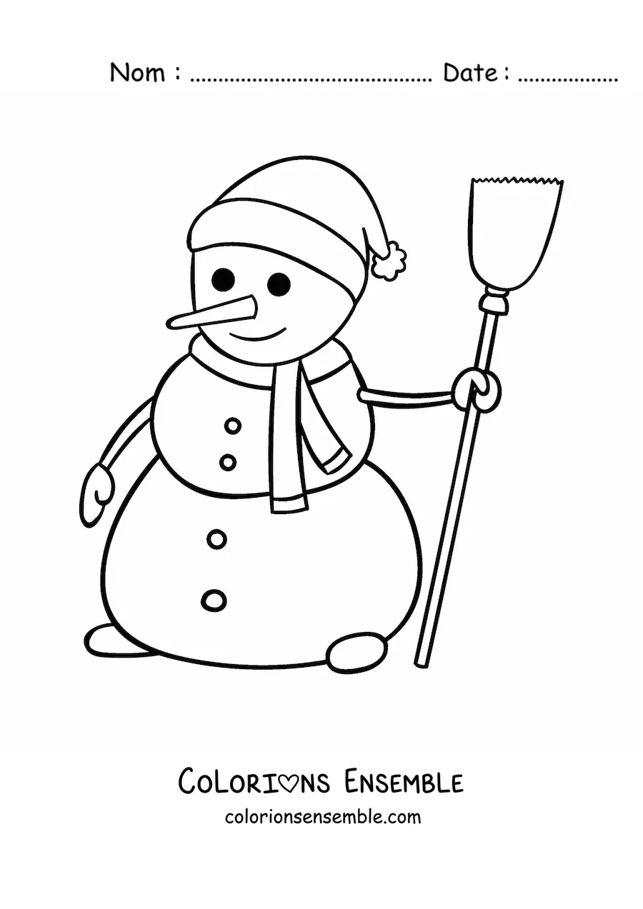Image à colorier d’un grand bonhomme de neige animé avec un balai