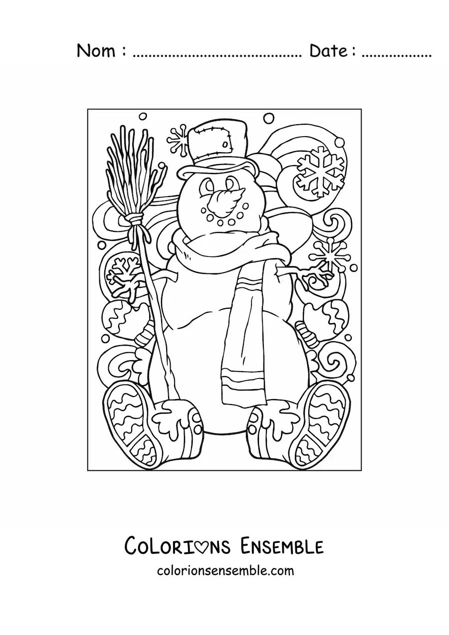 Image à colorier d’un bonhomme de neige avec un chapeau et un balai