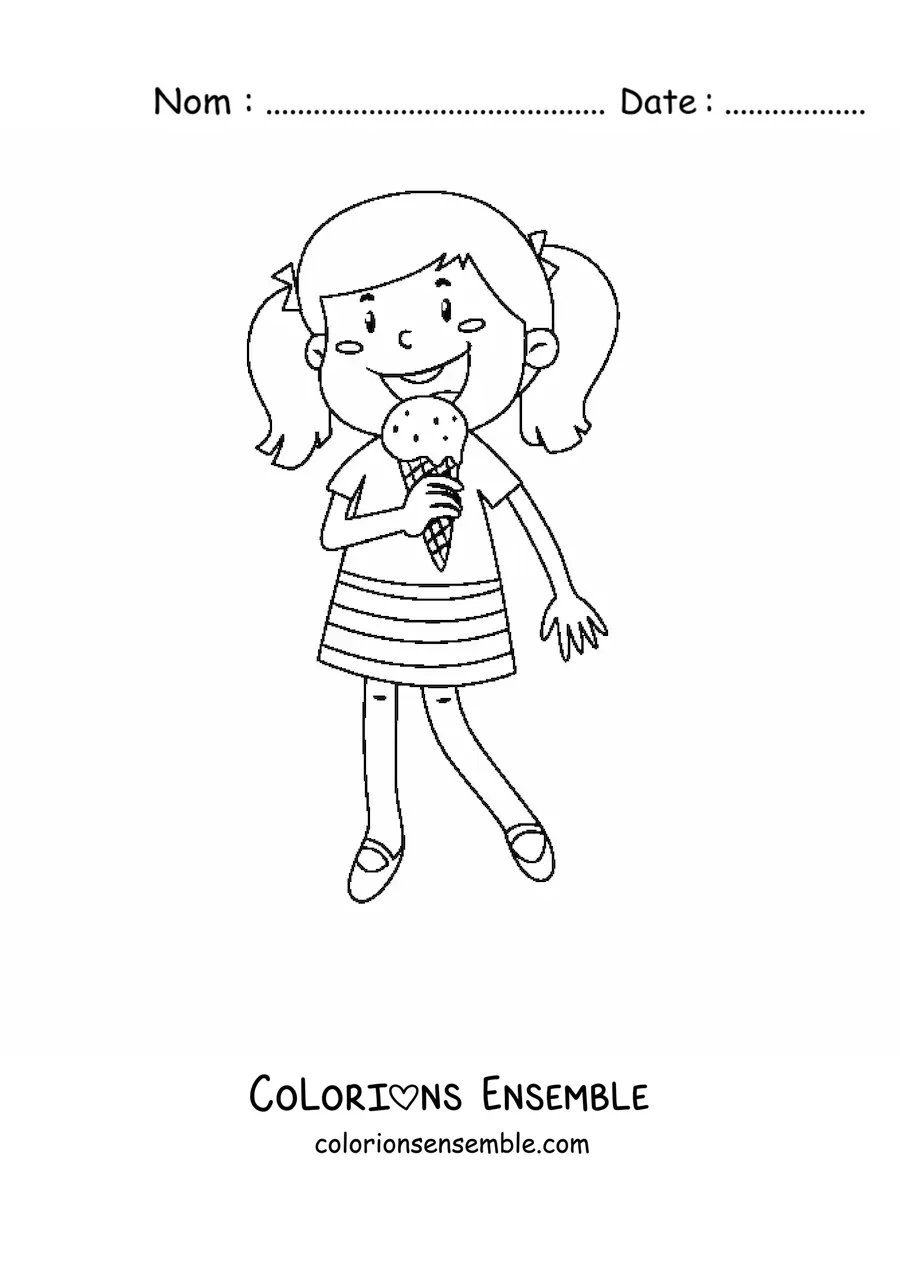 Image à colorier d'une petite fille qui mange un cornet de glace