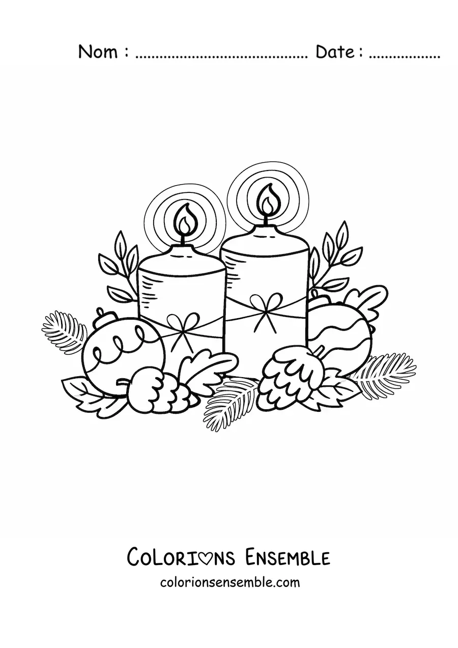 Image à colorier de bougies de Noël décorées de boules