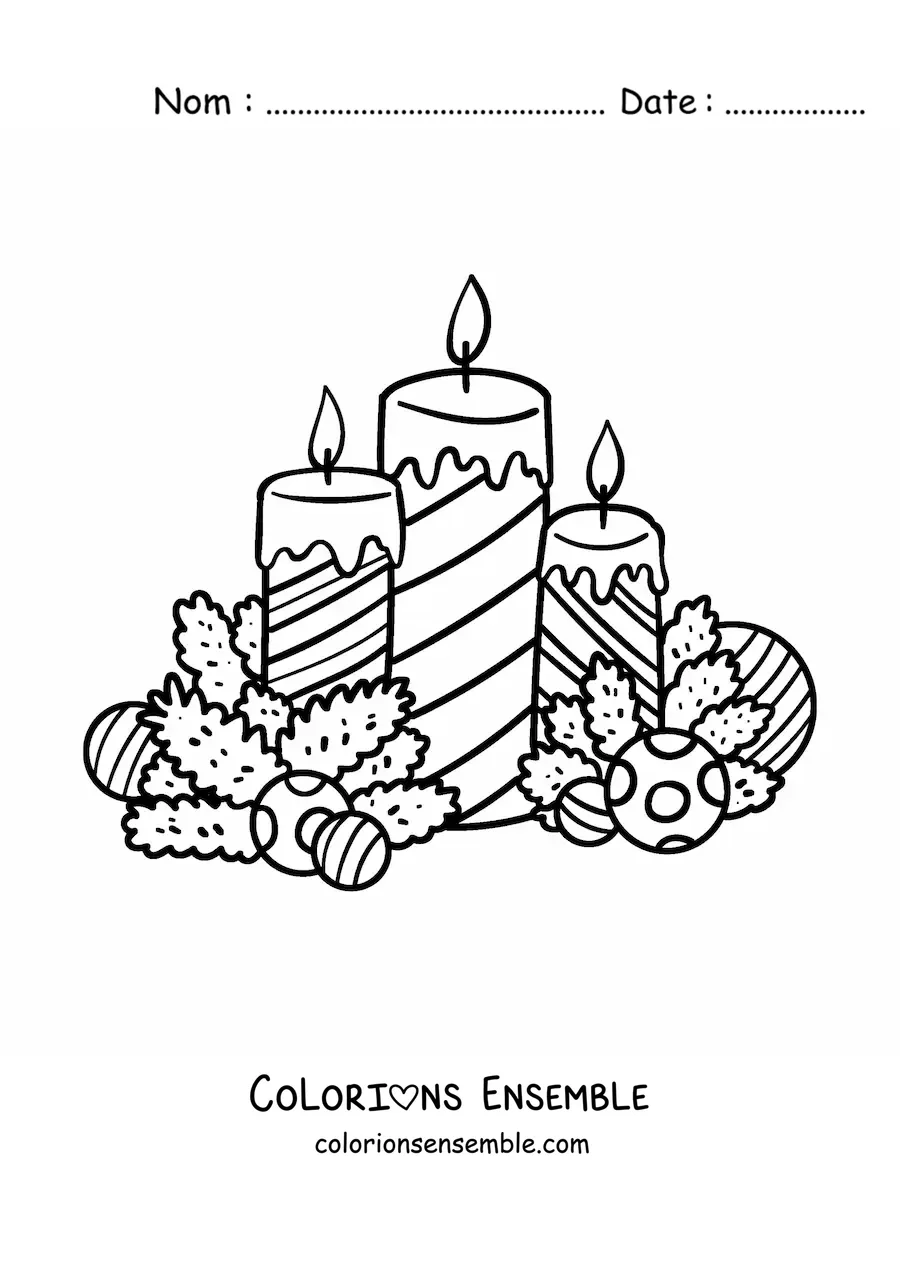 Image à colorier de bougies de Noël avec des boules et des ornements