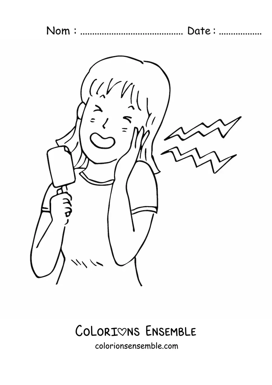 Image à colorier d'une petite fille qui mange une glace à l'eau