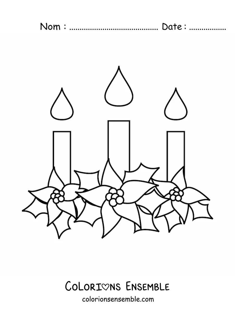 Image à colorier de trois bougies de Noël avec des fleurs