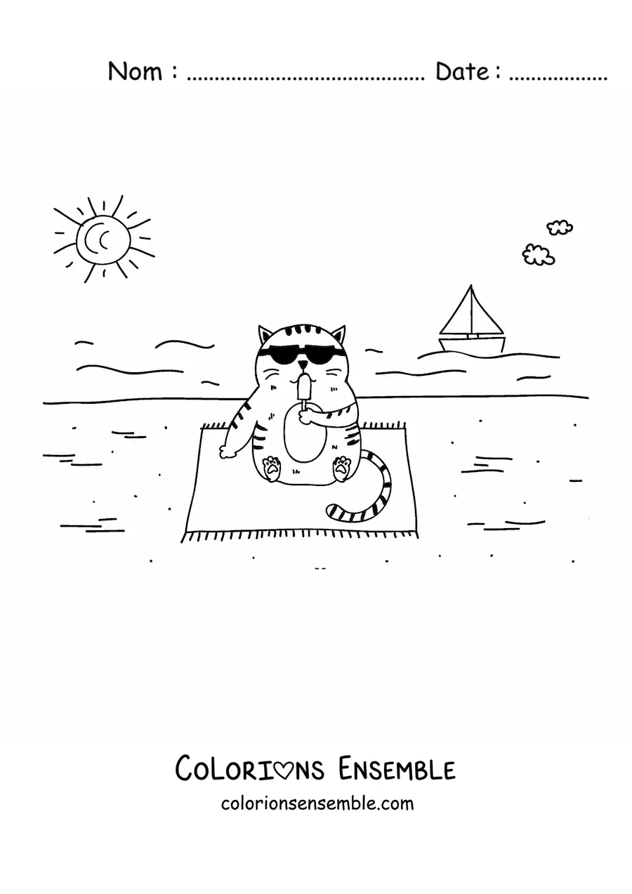 Image à colorier d'un chat animé assis qui mange une glace sur la plage