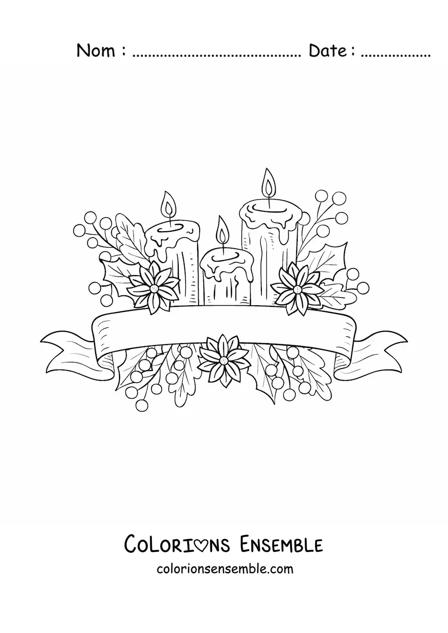 Image à colorier de bougies de Noël avec des feuilles et des fleurs