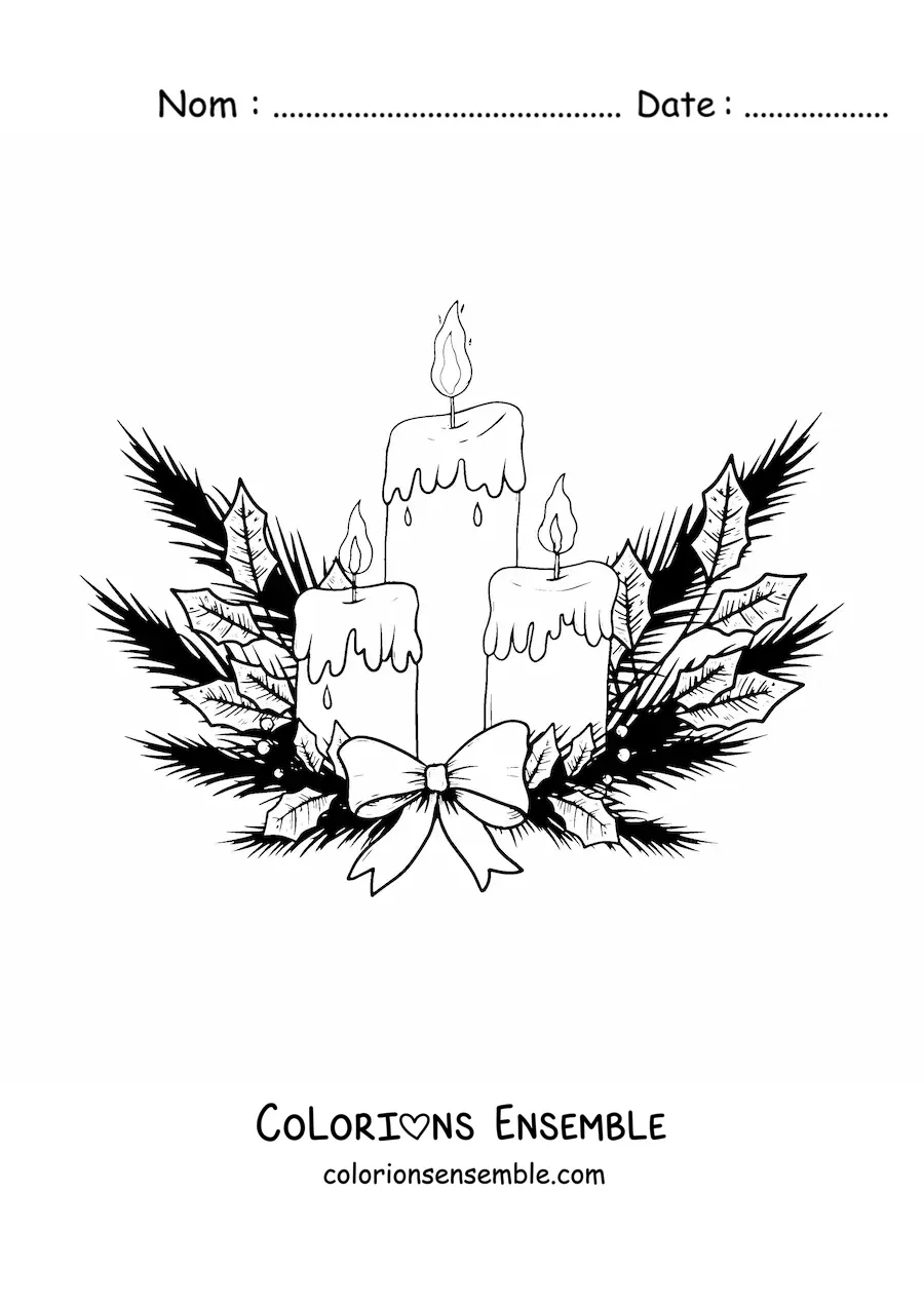 Image à colorier de bougies de Noël avec des branches de pin