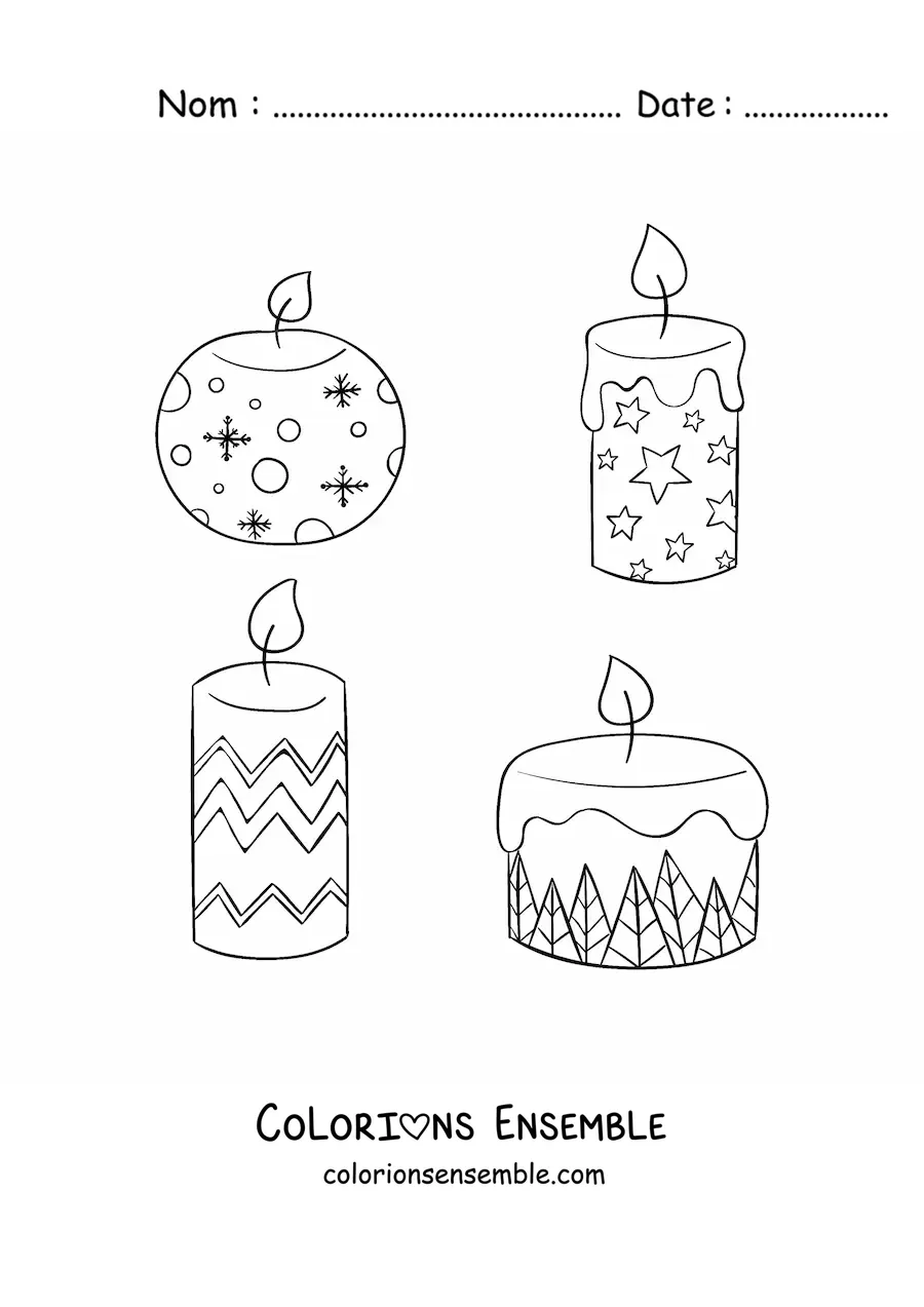 Image à colorier de bougies de Noël décorées avec des motifs de Noël