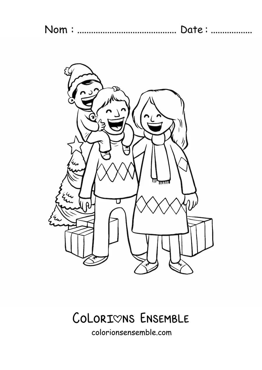 Image à colorier d’une famille avec un garçon qui fête Noël près du petit sapin
