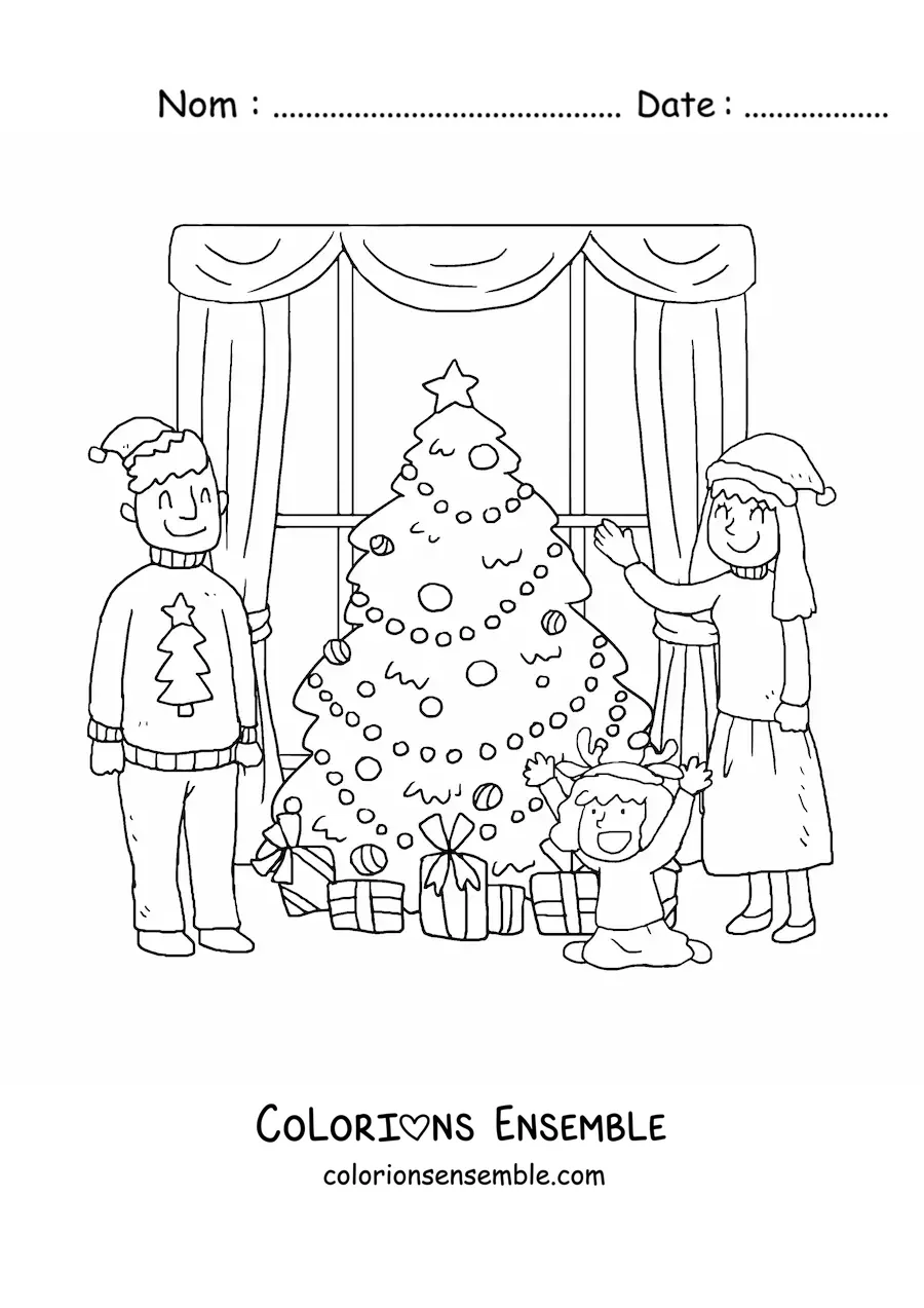 Image à colorier d’une famille avec une fille qui fête Noël à la maison près du petit sapin
