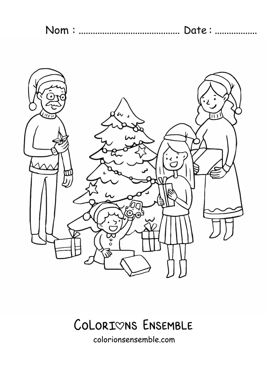 Image à colorier d’une famille avec des enfants qui ouvrent leurs cadeaux à Noël