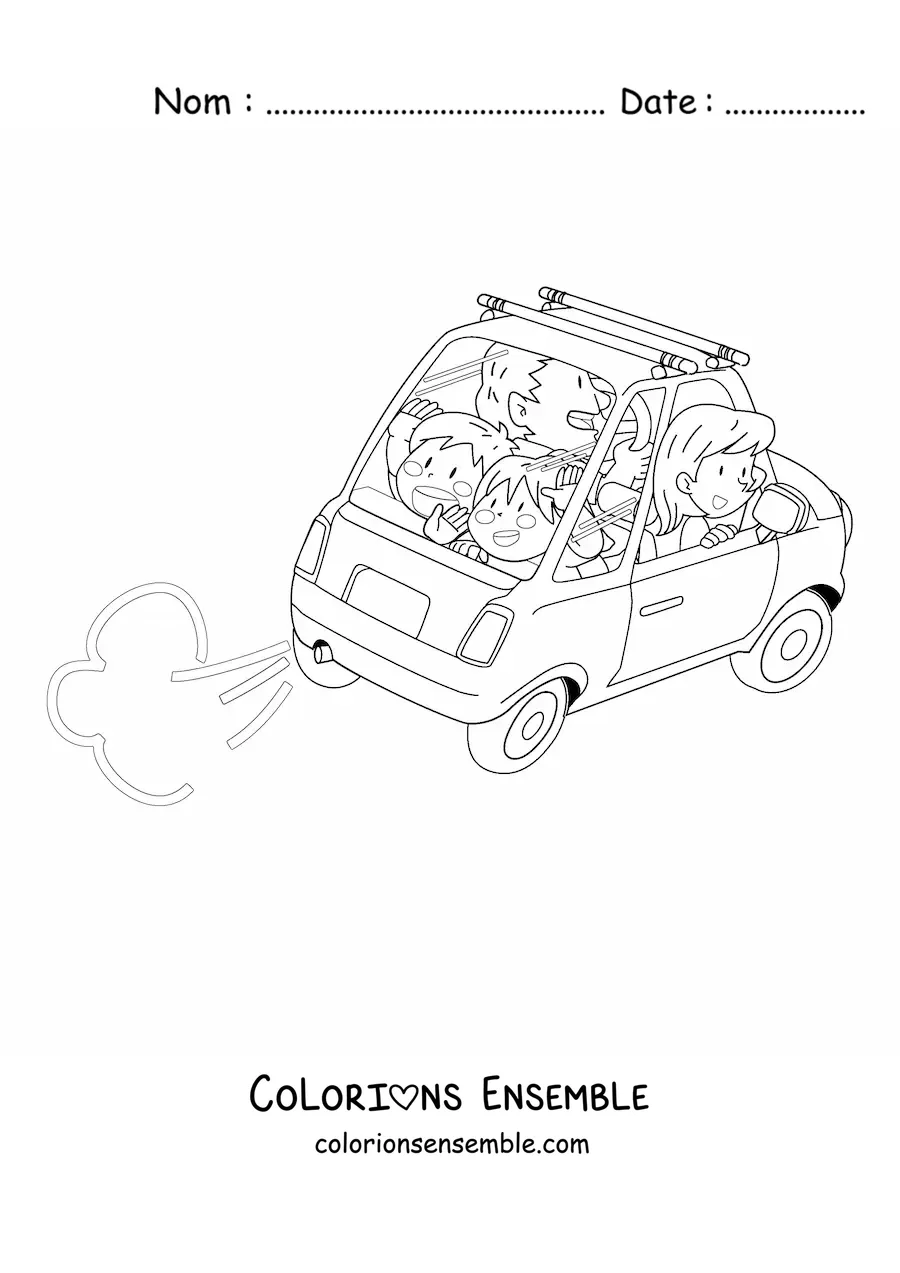 Image à colorier d’une famille en dessin animé dans une voiture
