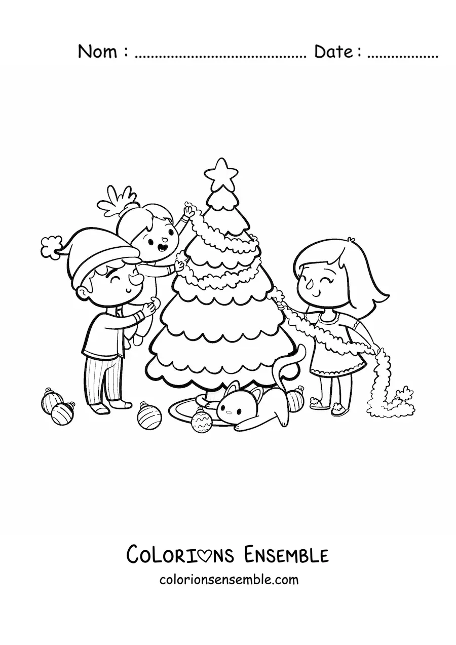 Image à colorier d’une famille kawaii avec un chat qui décore le sapin de Noël