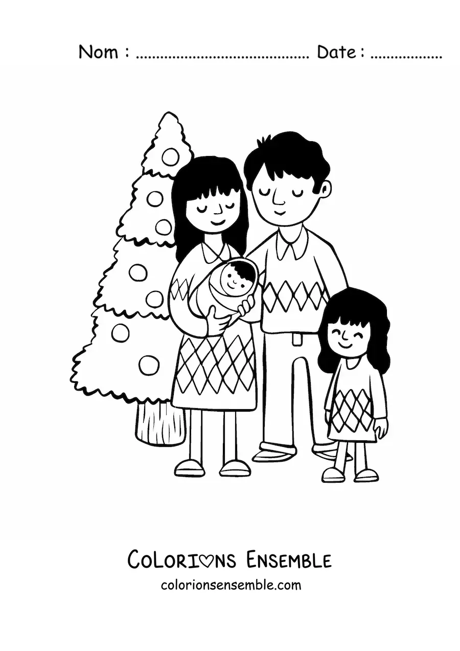Image à colorier d’une famille avec un bébé près du sapin de Noël